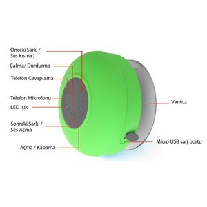 Mini haut-parleur de douche Bluetooth étanche IPX6 avec microphone et LED verte - Product Image 4