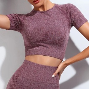 T-shirt de yoga sans couture pour femmes respirant Fitness Crop Top avec séchage rapide manches courtes ensemble de vêtements de sport de gymnastique - Product Image 2