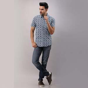 Men's Casual Blue Poplin Cotton Printed <b>Shirt</b> <b>Button</b>-Up Collar Breathable Business Dress Sizes XL to 6XL ODM Supply - Product Image 1