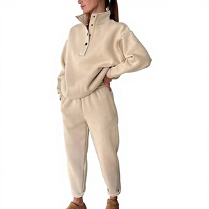 <b>Women's</b> <b>Beige</b> Fleece Maternity <b>Tracksuit</b> Set Half-Zip Pullover with Side Pockets Regular Fit Casual Winter Solid - Product Image 1