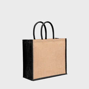 <b>Medium</b> Natural Jute <b>Bag</b> Eco-Friendly PP Material Black Gussets Rope Padded Handles Durable Lightweight Personalized Letter - Product Image 1
