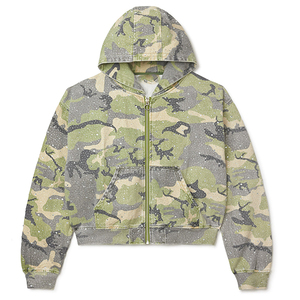 OEM Sweats à capuche personnalisés avec fermeture éclair en éponge française Streetwear Boxy Fit de camouflage recadrée en diamant 480gsm Rhinestone brodé lourd - Product Image 1
