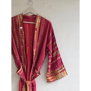 Robe kimono en soie avec motif tie-dye, longue tenue de détente bohème respirante avec poches - Product Image 1