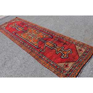 3.4x10.7 ft Vintage Rug, Turkish <b>Runner</b> Rug, <b>Red</b> Orange Floral Rug - Product Image 4