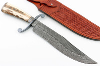 San Mai Damas Couteau de chasse Gaine en cuir Fait à la main DIY Lame fixe pour la survie en plein air Camping Corne Poignée Bowie Couteaux
