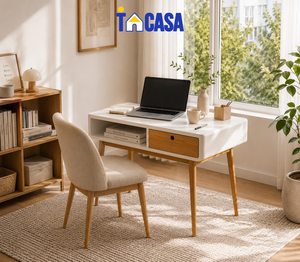 Bureau d'écriture convertible scandinave contemporain, finition naturelle, bois d'hévéa, MDF, placage de frêne - Product Image 1