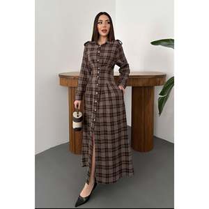 Vestido plisado a cuadros marrón - Marrón - Product Image 1