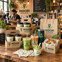 AT PACK Fournitures personnalisées pour la boutique de matcha avec gobelets en papier personnalisés, sacs à emporter, porte-boissons, boîtes d'emballage et accessoires de café