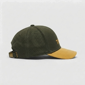 Gorra de Nylon Perforada con Corte Láser, Color Verde Oliva con Visera Amarilla, 6 Paneles, Ajustable, Unisex, Casual, con Logotipo Personalizado, Venta al Por Mayor, OEM - Product Image 4