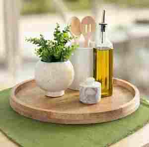 Plateau en bois Plateau ottoman Plateau de service rond en bois d'acacia avec poignées - Product Image 1