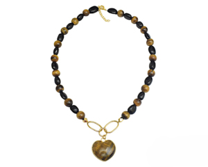 Ojo de Tigre y piedra preciosa de ónix negro, joyería chapada en oro, regalo hecho a mano en forma de corazón para su COLLAR COLGANTE - Product Image 1