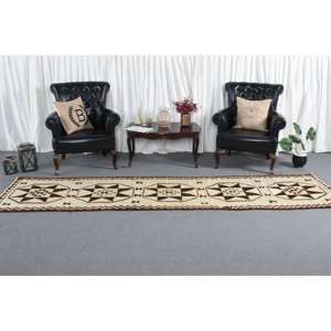 Tradicional Beige Marrón 2,9x11,5 pies Alfombra turca hecha a mano Diseño de retazos Alfombra de noche Lana de látex Viscosa Rectángulo Pasillo - Product Image 2