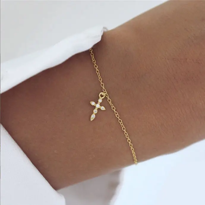 Low MOQ 10pcs Wholesale sterling silver 925 gold charm cross chain bracelet