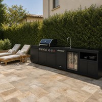Îlot de cuisine extérieur en acier inoxydable noir, barbecue, station de cuisson modulaire avec évier et armoire de rangement pour jardin
