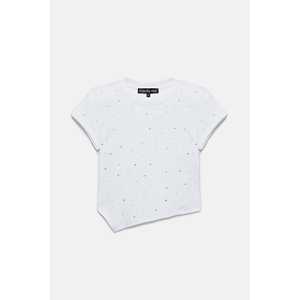 Blouse courte décontractée avec broderie en pierre, col rond, manches courtes, coupe asymétrique, logo sur le devant, 100% coton - Product Image 2