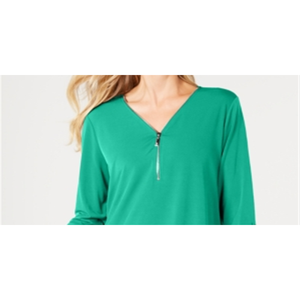 Collezione JM Top Estivo Chic da Donna Verde Taglia Petite XL Traspirante con Cerniera Colletto Asimmetrico Motivo Tinta Unita in Maglia di Poliestere - Product Image 2