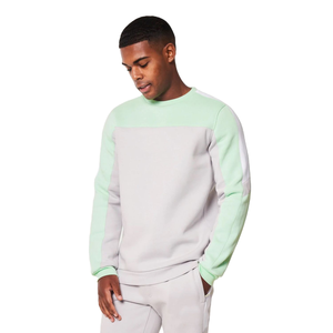 เสื้อสเวตเชิ้ตผู้ชายสีเขียวมิ้นต์และสีเทาแบบคัลเลอร์บล็อก สกรีนโลโก้ได้ ผ้าหนา แขนยาว คอกลม สไตล์ลำลอง สตรีทแวร์ รับผลิตแบบ OEM ODM - Product Image 4