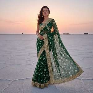 Sari de Mujer en Tela Georgette Pura con Diseño Bandhani, Pallu y Bordado - Product Image 1