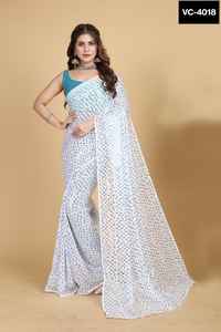 Saree en georgette indien avec belle séquence de fil et bordure de passepoil comprend un chemisier uni en soie mono - Product Image 3