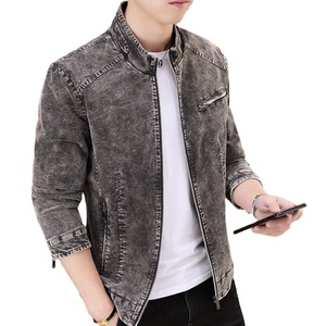 <b>Men's</b> Autumn Vintage Style <b>Denim</b> <b>Jacket</b> Stand Front Embroidered Khmer Motorcycle Design Zipper Closure Completed Product - Product Image 1
