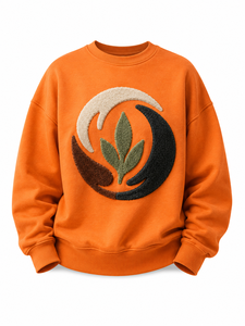 Sweat-shirt unisexe orange à col rond, imprimé floqué, logo feuille appliqué, pull décontracté, vêtement d'automne, coupe classique, en molleton tricoté - Product Image 1