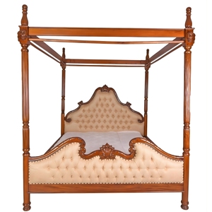 Cama con Dosel Tapizada en Cuero Genuino y Madera de Caoba Maciza de Lujo, Diseño Clásico Hecho a Mano, para Hotel, Villa o Dormitorio Residencial - Product Image 3