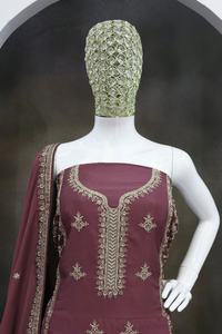 Salwar Kameez de qualité standard en chinon lourd avec broderie et travail de sequins, dernier modèle Sharara disponible en gros - Product Image 2