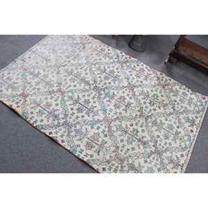 Alfombra Vintage de 3.8x6.4 pies, Alfombra Turca, Alfombra de Lana a Rayas Blancas y Azules - Product Image 4