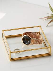 Luxury Metal And <b>Glass</b> <b>Jewelry</b> <b>Box</b> With Gold Finish Hinged Lid Velvet Interior Multiple Storage Compartments Display Case - Product Image 3