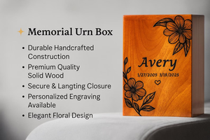 โกศเผาไม้ส่วนบุคคลพร้อมสลักลายดอกไม้พร้อมกล่องสลักชื่อตามสั่งและกล่องฝังศพ - Product Image 6