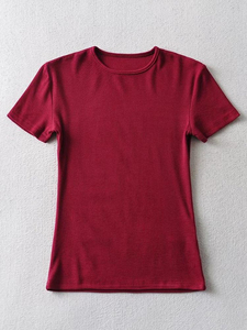 เสื้อยืดคอกลมแขนสั้นของผู้หญิงเสื้อยืดสีพื้นเข้ารูปคอกลมแขนสั้นสำหรับฤดูร้อนโลโก้ตามสั่ง - Product Image 3