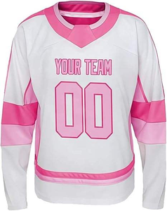 Camiseta de hockey sobre hielo rosa blanca personalizada, nombre de tu equipo, número, personalizado, antibacteriano, 100% poliéster, uniforme de manga larga Unisex - Product Image 1