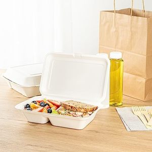 Plateau de restauration rapide à 2 sections biodégradable Conteneur à déjeuner compostable Passe au lave-vaisselle Couvercle de boîte à pulpe de canne à sucre naturelle jetable - Product Image 2