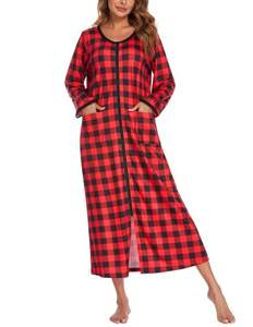 Ekouaer - <span class=keywords><strong>Bata</strong></span> larga transpirable para <span class=keywords><strong>mujer</strong></span>, con <span class=keywords><strong>cremallera</strong></span> frontal, camisones largos con bolsillos, ropa de dormir a cuadros - Product Image 2