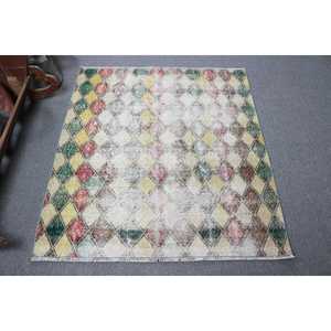 Tapis d'appoint vintage 3,7x4,1 pi (114x125 cm), tapis turc vert Ikat - Product Image 1