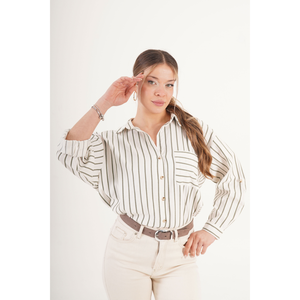 Blusa Casual de Lino para Mujer LUSTRIN, Corte Holgado, Color Caqui, con Bolsillos y Rayas, para Verano y Temporadas de Transición - Product Image 1