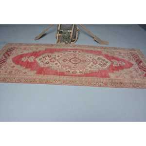 Vintage Large Rug 4.3x10.3 ft (130x314 cm), Turkish <b>Red</b> Abstract <b>Wool</b> Rug - Product Image 3