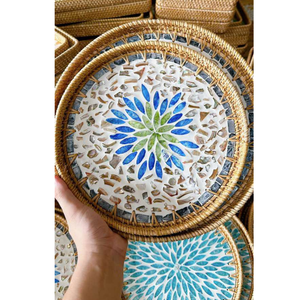 Plateau rond en rotin haut de gamme avec incrustation de nacre pour servir les aliments, le stockage et la décoration de la maison 32cm 35cm 40cm Vietnam - Product Image 3
