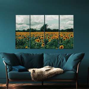 Impresión en lienzo de campo de girasoles: obra de arte de paisaje natural, diseño impreso, JUEGO DE 4 LIEÑOS - Product Image 1