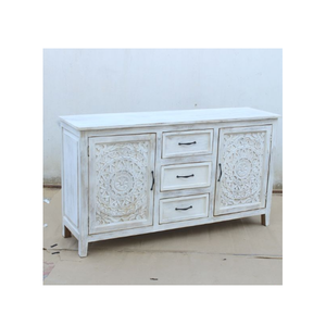 Modern 2-Door 3-Drawer <b>Sideboard</b> Carved Mango <b>Wood</b> with <b>White</b> Distressed Finish for Dining Bedroom Hotel or Hospital Storage - Product Image 2