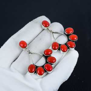 <b>Red</b> Coral Oval Cut Bezel Set Gemstone Handmade Flower Design 925 Sterling Silver <b>Earrings</b> In Wholesale Price For Women Jewelry - Product Image 2