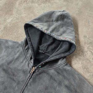 เสื้อฮู้ดผ้าฝ้ายฝรั่งเศสเทอร์รี่วินเทจพิมพ์ลายพลอยเทียมเฮฟวี่เวทโอเวอร์ไซส์ซักกรด - Product Image 2