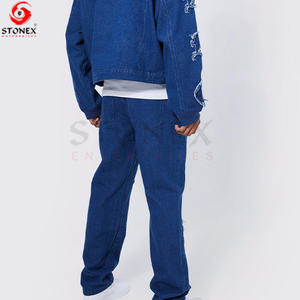 Ensemble 2 pièces pour homme : Veste en jean délavée personnalisée et pantalon long bleu 100% coton, coupe ample, grammage élevé, respirant, pour l'automne - Product Image 6