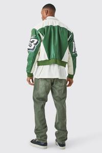 เสื้อแจ็กเก็ตบอมเบอร์หนังพิมพ์ลายทางการสำหรับฤดูหนาวหนังปักไหล่ขนาดพอดีบ็อกซี่สีเขียวใหม่ - Product Image 4