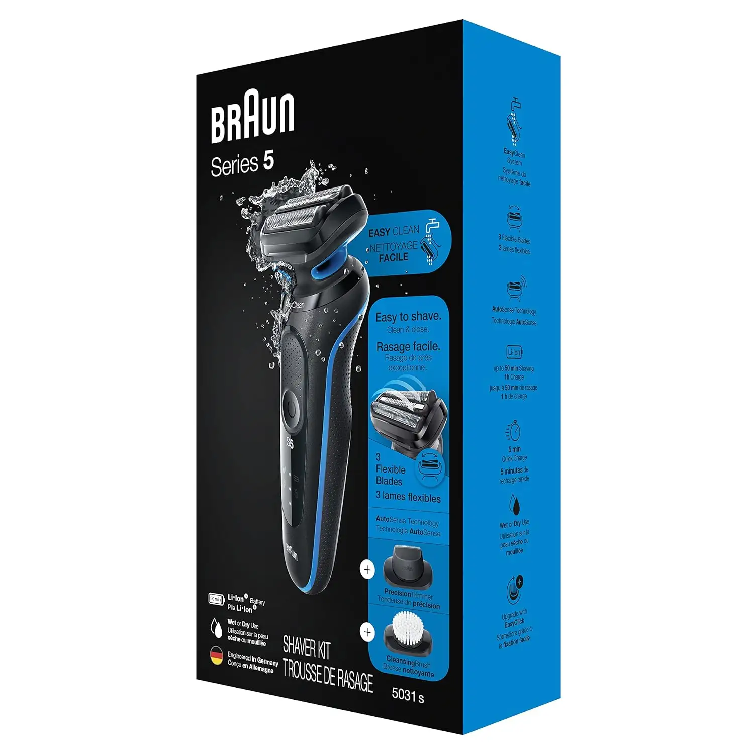 Rasoir électrique Braun Series 5 5031s avec tondeuse de précision et accessoires de brosse nettoyante, humide et sec, rechargeable