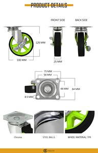 4 Inch Green TPR <b>Swivel</b> Caster with Brake Chrome <b>Plate</b> 75x64mm for Cabinet Trolley Equipment Wheel - Product Image 2