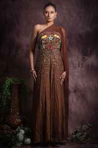 Robe de soirée formelle pleine longueur perlée en mousseline de soie florale gaine ajustée une manche taille naturelle taille libre soie lavable - Product Image 5