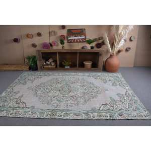 Tapis turc Vintage Beige Vert 5.5 X 8.9ft Laine Plat Tissage Patchwork Motif pour Décorations de Salon Couloir Utiliser Latex - Product Image 3