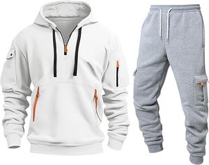 Survêtements de couleur unie pour hommes Ensemble décontracté Pantalon de survêtement à capuche de sport ample Combinaison régulière à poches multiples - Product Image 1