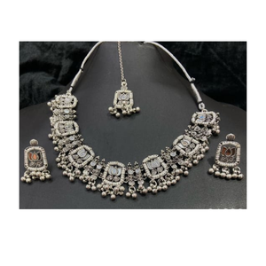 Exportación clásica alemana plata oxidada ligero collar pendiente conjunto ajustable enlace cadena Tika mujer moda piedra - Product Image 4